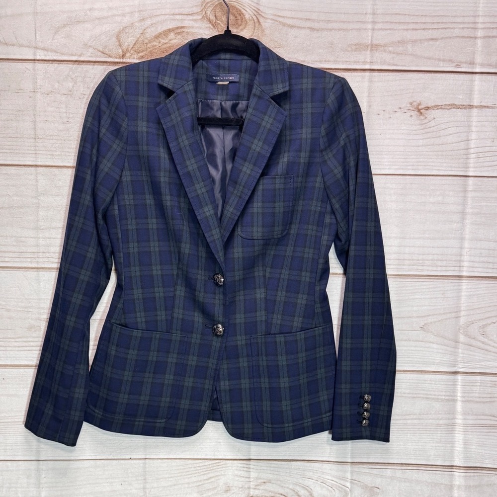 Tommy Hilfiger Womens Navy Green Plaid Blazer Jacket Silver Crest Buttons Size 0